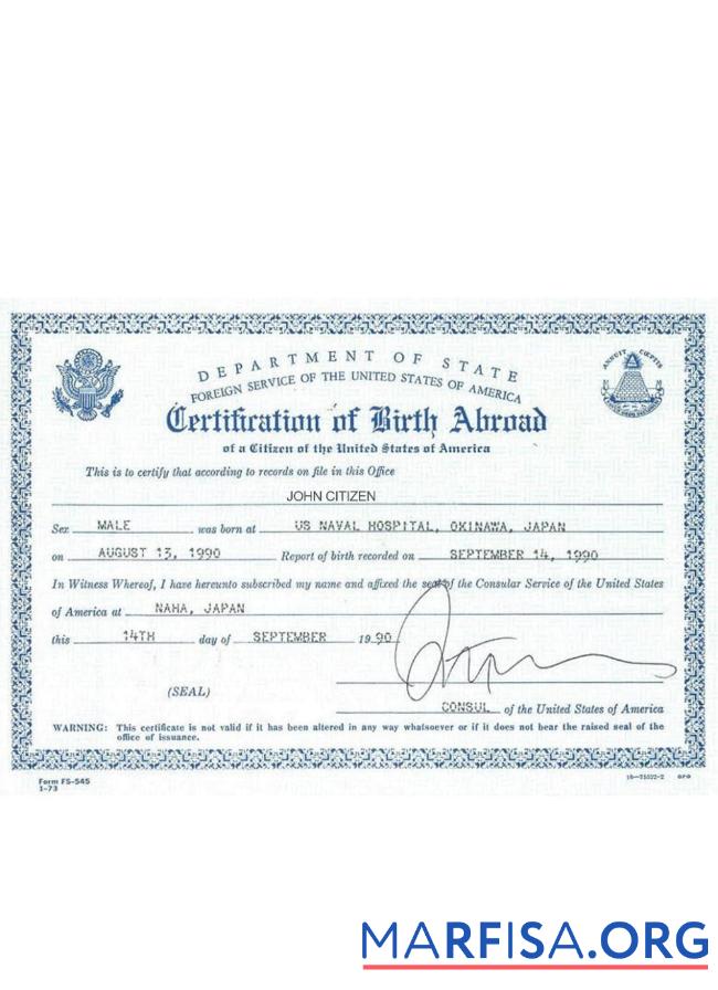 Printable USA certification of birth abroad real example